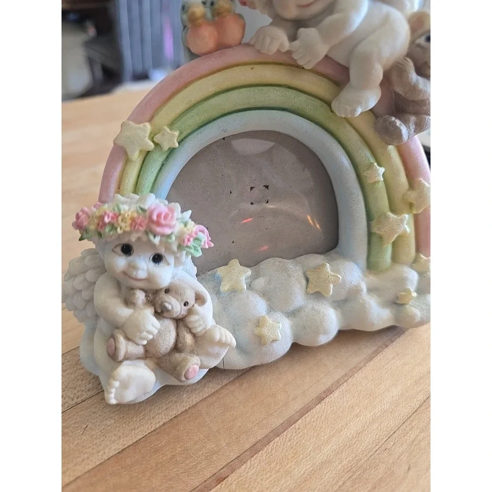 VTG Cherub Angel Rainbow Photo Frame Pastel‎ Resin Figurine Baby & Child Nursery
